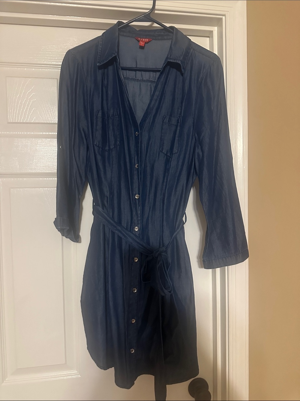 Guess Navy Button-Front Midi Shirt Dress with Tie Belt